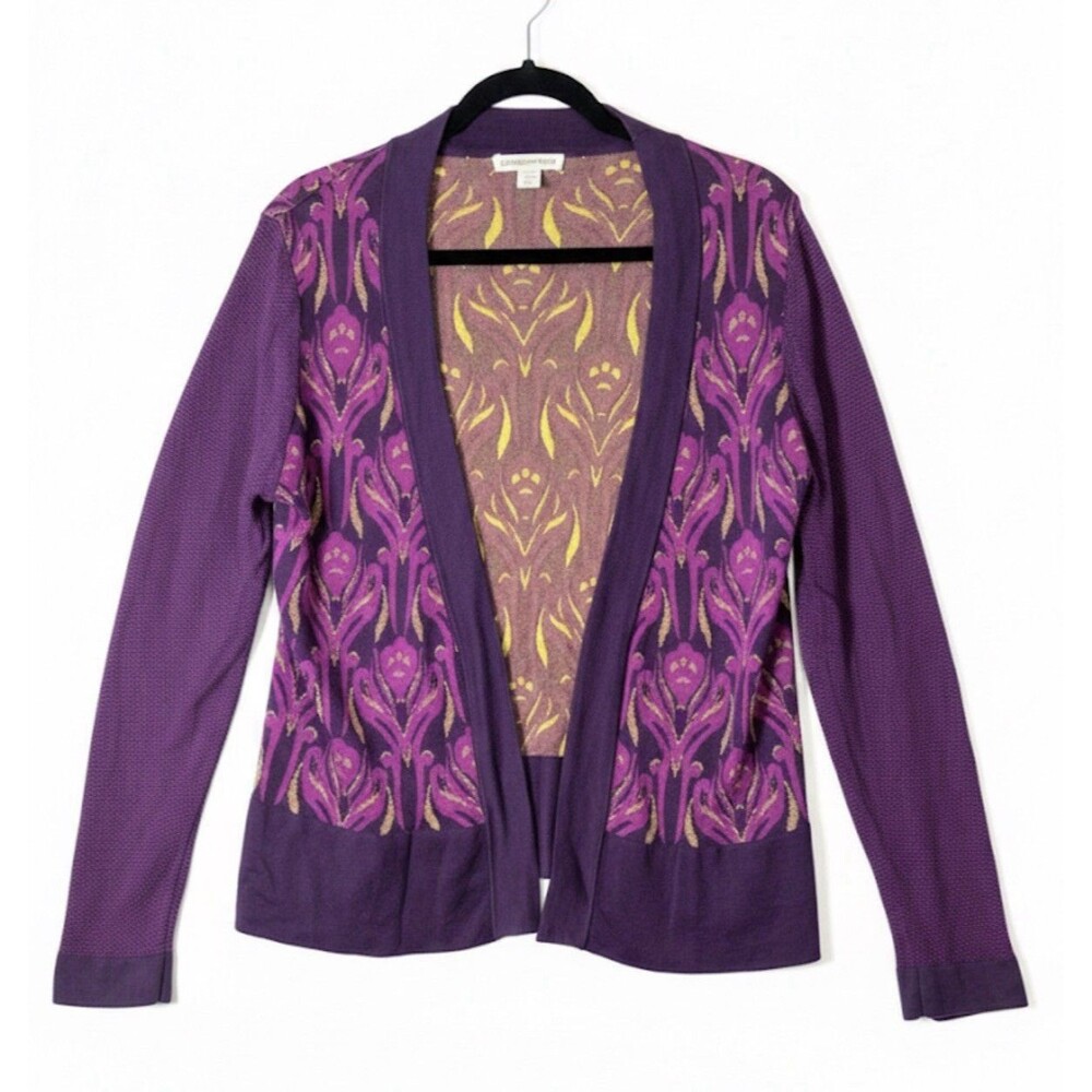 Coldwater Creek Silk Blend Cardigan Sweater Women’s M 10-12 Purple Gold Damask